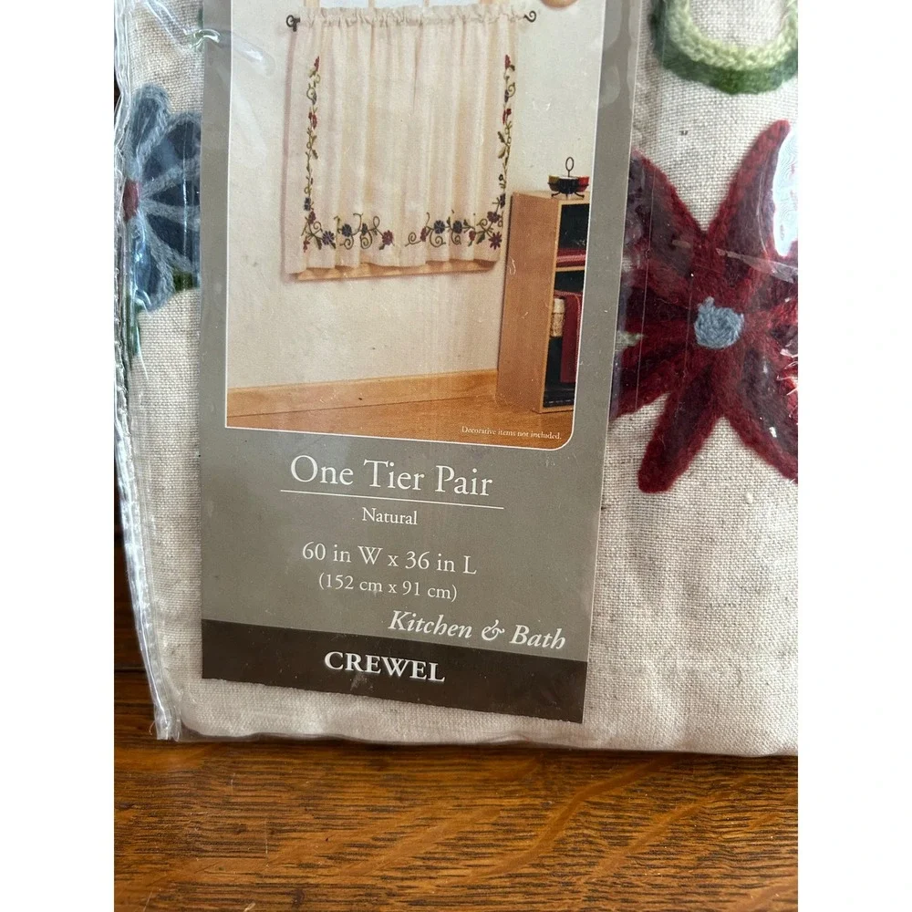 HomeTrends Crewel One Tier Pair Natural Linen Blend Floral Embroidered Curtains